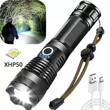 Lampe torche LED haute puissance, 10 000 lumens, lampe torche LED P50 avec zoom, rechargeable par USB, 5 modes d'éclairage (1/5)