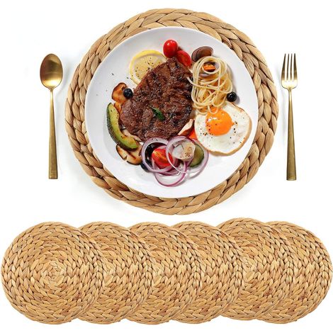 Lot de 6 sets de table ronds en jacinthe d'eau, tissés à la main, résistants à la chaleur, diamètre 30 cm, pour salle à manger (1/5)