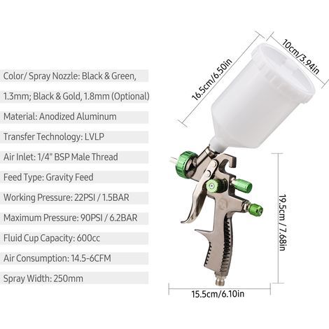 Pulvérisateur de Peinture, Pistolet de Pulvérisation Hvlp pour Peinture, Pression d'alimentation par gravité, Pulvérisation de Peinture Pneumatique Gu avec Buses de 1,3, 1,8 Mm (1/5)