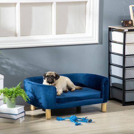 Petit canapé 86x55x33 cm bleu pour chien avec pieds en bois, housse lavable et coussin amovible