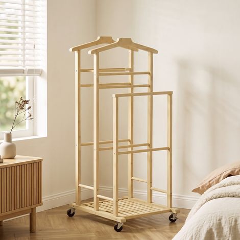 Valet de chambre à roulettes, portant à vêtements en bambou, cintres, barres de suspension, plateau et étagère, chêne (1/5)