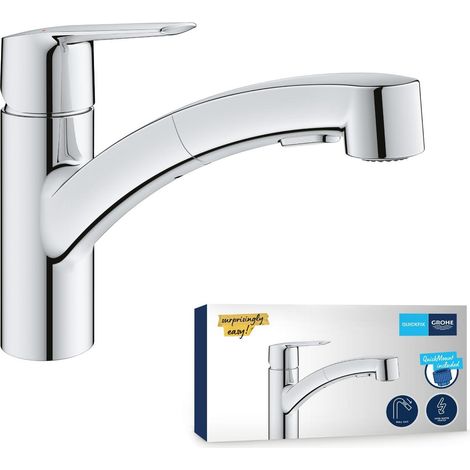 Mitigeur d'évier de Cuisine, Robinet avec Douchette Extractible (Bec bas 174 mm, Cartouche Céramique 35 mm, Zone de rotation à 90°, Double jets), Chrome, 1012400000 (1/5)
