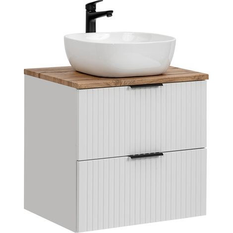 Badmöbel Waschtisch Unterschrank Set 60 cm matt weiß mit Wotaneiche, 2 Softclose Schubkästen, 42 cm Keramik-Waschbecken, B/H/T 60,6/74,2/46,5 cm (1/5)