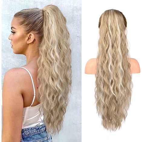 Extension de cheveux synthétiques à cordon de serrage Highlights - Ondulations longues effet plage Un look plage chic et facile à porter pour les femmes (1/4)