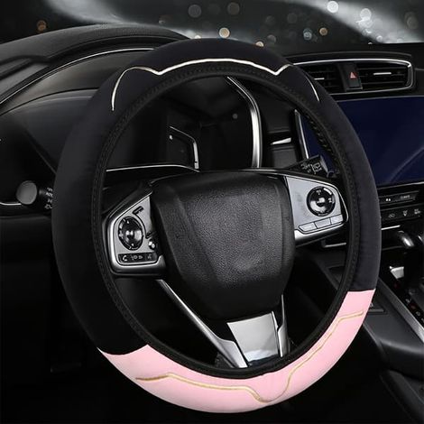 Housse de volant noire et rose, accessoire auto courant, pour volant d'hiver en peluche d'environ 38 cm de diamètre (1/4)