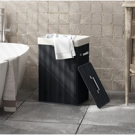 Cesto de ropa con tapa, bambú y lona, plegable, 72 L, negro, 40 x 30 x 60 cm (1/5)