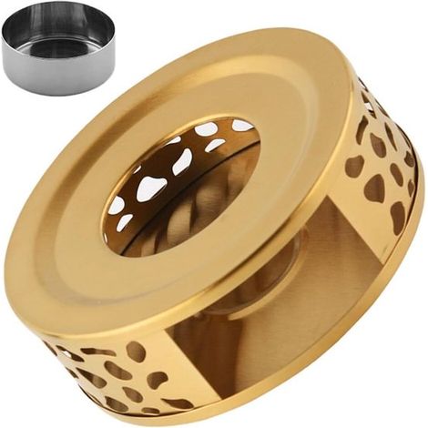 Calentador de tetera con portavelas, Calentador de acero inoxidable, Soporte para teteras, ollas y bebidas calientes, 1 pieza, Dorado (1/5)