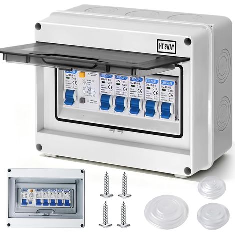 Boîte Coffret Electrique Etanche, Boîtier de Distribution, Boîte à Fusibles Apparente, Disjoncteurs Electriques 63A, Tableau Electrique avec Disjoncteur, Sectionneur 2x10A+16A+20A+32A, pour Bureau (1/5)