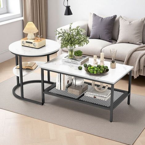 Set aus 2 Couchtischen Marmor & Metall – skandinavisches Design, Stauraum, verstellbare Füße