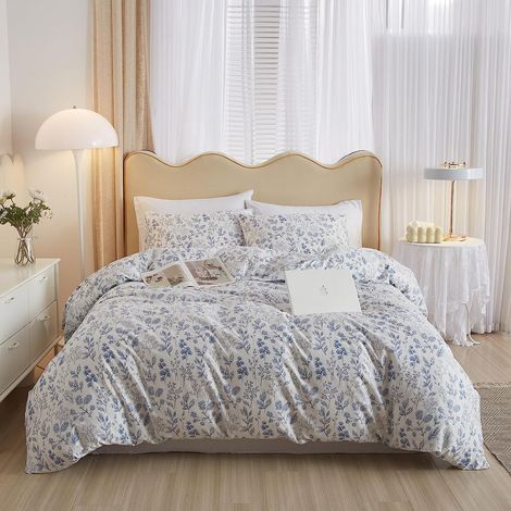 Housse de Couette à Motif Floral Bleu pour lit Simple Parure de lit en Coton Doux de Style Vintage Chic avec Fermeture éclair Housse de Couette esthétique avec Fermeture éclair pour (1/5)