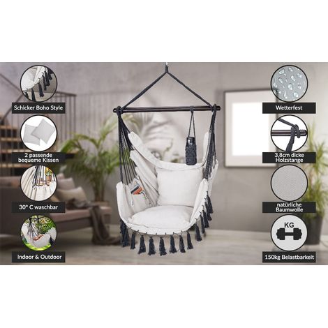 Hanging chair with cushions 150 kg capacity indooroutdoor use