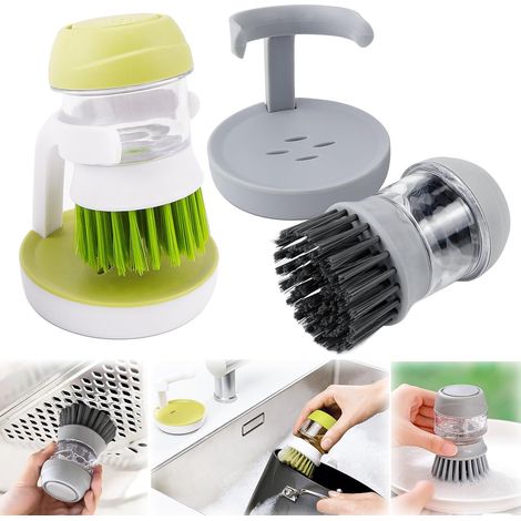Juego de 2 cepillos para platos recargables con dispensador de detergente líquido integrado para platos, ollas y fregaderos. (1/5)