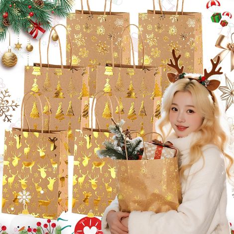 goldene Weihnachtsgeschenktüten, braune Papiertüten, Weihnachtsbaum mit Schneeflocken und Rentier für Partys, Geburtstage, Hochzeiten und Weihnachten, leer und wiederverwendbar (1/5)