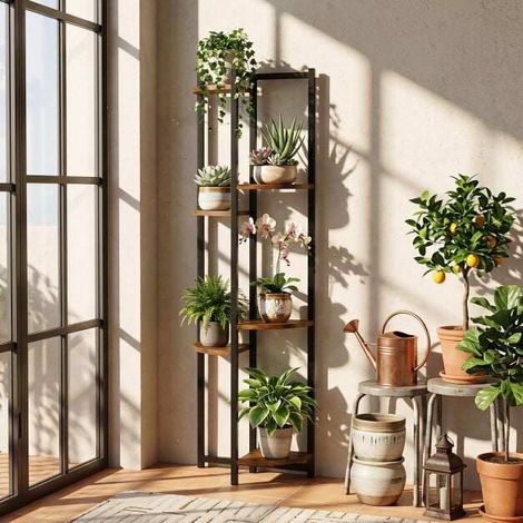 Étagère à plantes noire 6 niveaux avec cadre métallique, tablettes bois, pieds réglables et fixation murale pour salon (1/5)