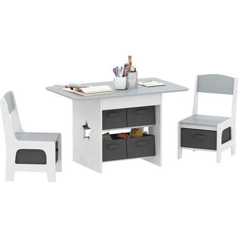Ensemble table et chaises pour enfants de 3 à 8 ans, avec 6 tiroirs et bords arrondis, en bois et tissu, gris et blanc. (1/5)
