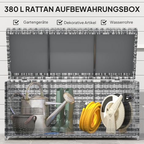 Coffre de jardin en rotin synthétique, 380 L, imperméable, avec couvercle et coussin, anti-UV, gris anthracite, 130 x 61 x 65 cm