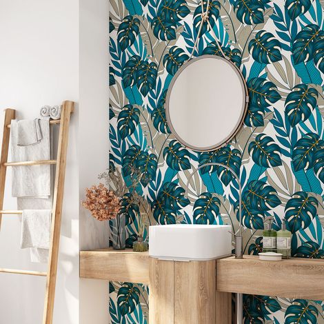 Crédence adhésive salle de bain - Feuilles Tropicales - 90x90 cm - Adhésif + Protection BRILLANTE (1/4)