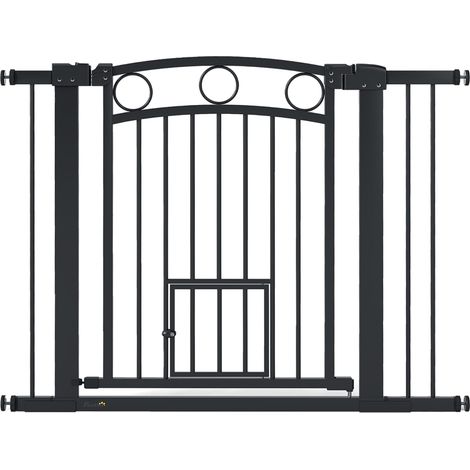 Haustiertor : 77 cm de diamètre. Porte réglable, avec une largeur de 76 à 104 cm. Conçu pour être utilisé sur les escaliers et les ouvertures des portes. Couleur : noir. (1/4)