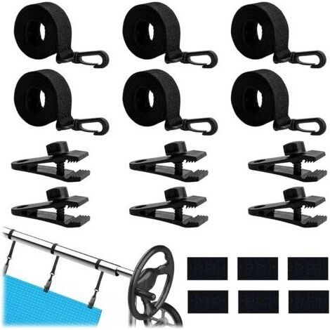 Kit de fixation pour enrouleur de couverture solaire de piscine (18 pièces) comprenant 6 sangles réglables avec crochets, 6 pinces de fixation et 6 attaches auto-agrippantes (1/5)
