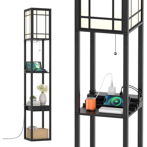 GOPLUS Lampadaire sur Pied à 3 Niveaux, Lampe à Poser Rectangulaire avec Douilles E27, étagères Ouvertes et Petit Tiroir de Rangement, Convient pour Salon, Chambre à Coucher, Balcon (Modèle A) (1/5)