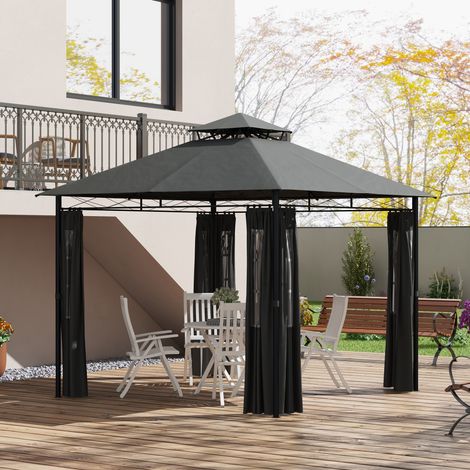 Padiglione da giardino 2,95 x 2,95 m con doppio tetto e tende removibili, struttura in metallo grigio scuro. (1/5)