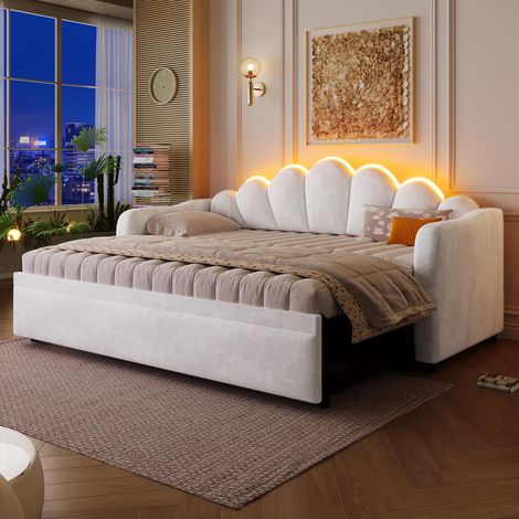 Banquette-lit capitonnée 90x200cm avec fonction gigogne et éclairage LED, position gigogne à plat ou assise, blanche, garantie 2 ans