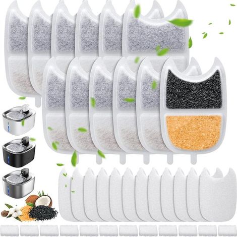 Lot de 12 filtres pour fontaine à eau – Compatibles avec fontaines pour animaux – Filtration triple – Éponges incluses (1/5)