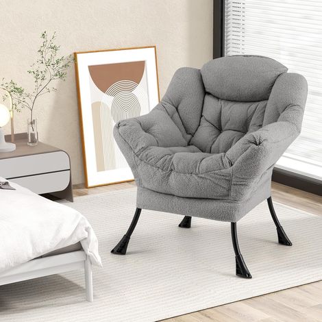 Costway – Fauteuil relax en sherpa gris – Dossier ergonomique avec coussin de tête – Cadre en métal antirouille – Poche latérale de rangement