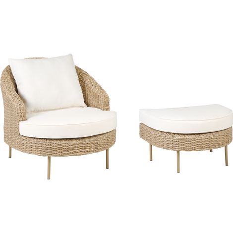 Silla de ratán beige blanco natural con reposapiés sintético cojines Arcille (1/4)