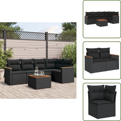 Salon de jardin 6 pcs avec coussins noir résine tressée - Ensemble Salon De Jardin - Mobilier Extérieur - Jardin Design - Chaise Lounge - Set Salon (1/5)