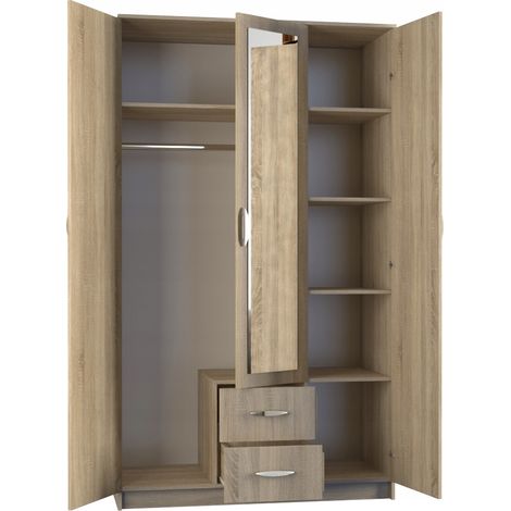 ROMA Großer Schrank Zimmer Büro Multifunktionaler Kleiderschrank 2 Türen Spiegel 2 Schubladen Aufbewahrungsmöbel Regale