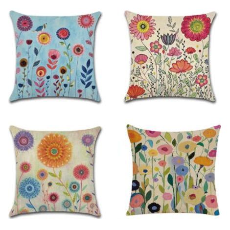 Funda de cojín de 45 x 45 cm con estampado de flores, pájaros, animales y plantas para sofá, sala de estar y dormitorio. 4 piezas (Flores). (1/5)
