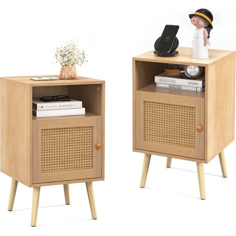 Lot de 2 Tables de Chevet avec étagère et Porte Ouvertes en rotin - Table de Chevet - Style Maison de Campagne pour Chambre à Coucher et Salon - 40 x 39 x 70 cm - Naturel (1/5)