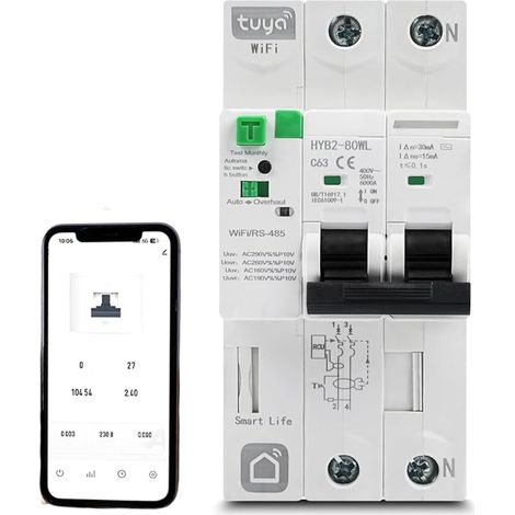 Disjoncteur WiFi intelligent, Disjoncteur Différentiel 63A 30ma 2P Interrupteur Différentiel avec Protection Contre les Surtensions et les Sous-tensions, Contrôlé par l'app Tuya/Smart life (1/5)