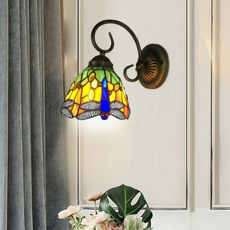 Lámpara de pared retro Tiffany, lámpara de pared LED, lámpara de cristal con forma de libélula, luces decorativas
