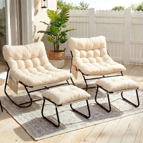 Schaukelstuhl mit Hocker 2er Set, Patio Schaukelliege, Schaukelsessel mit Gepolsterter, bis 150 kg Belastbar, Waterproof Cushion, für Garten Balkon Hof Schlafzimmer Terrasse,Beige (1/5)