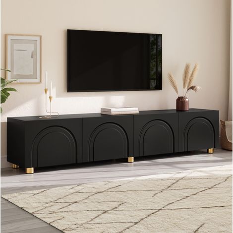 Meuble TV 180x35x40 cm noir en MDF et panneau de particules avec 4 portes et relief arqué (1/4)