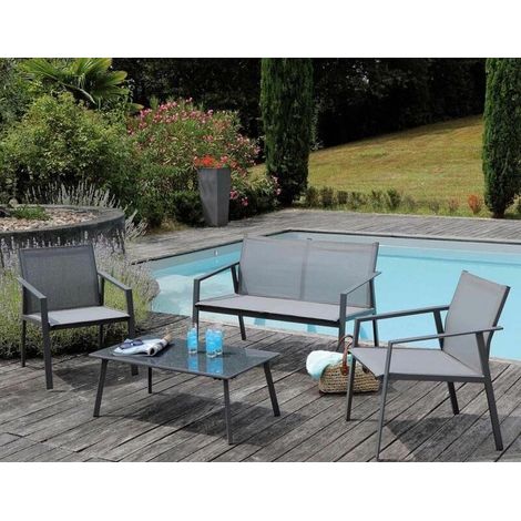 Salon de jardin bas Alicia – Aluminium époxy – Dimensions table 143x50x35cm – Canapé 2 places 143x79x66cm – Fauteuils 59x79x66cm – Proloisirs (1/4)