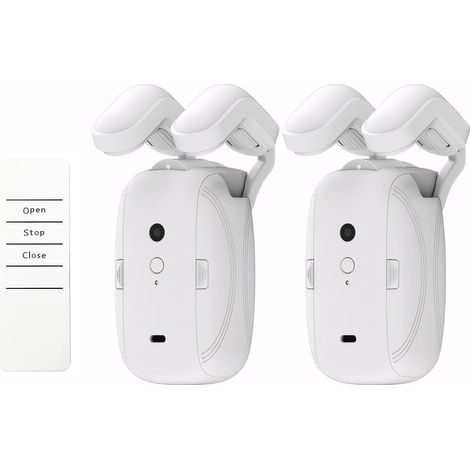 Set of 2 electronic automatic curtain openers for Roman curtain rods. Easy installation via remote control. No need to replace curtain rods, no wiring required. Battery operated.