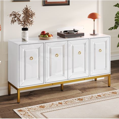 Credenza 140x40x80 cm bianca in MDF e truciolato con finitura lucida, dettagli dorati e ripiani regolabili (1/5)