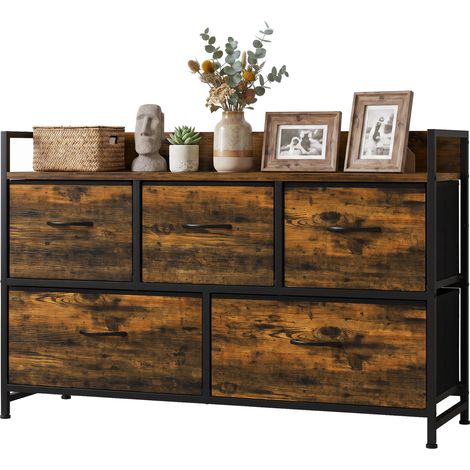 Commode en tissu à 5 tiroirs et structure en métal, style industriel, idéale pour le salon ou l'entrée, 98 x 29 x 63 cm, marron rustique (1/5)