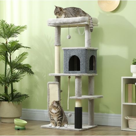 Albero tiragraffi per gatti 132 cm con cuccia, casetta e piattaforme, grigio chiaro OKMYHOME (1/5)