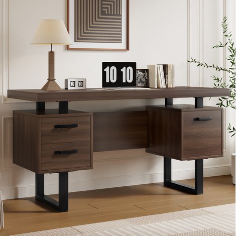 Bureau avec tiroir silencieux, tiroir classeur, pieds métalliques noirs, marron, 135x54x76 cm (1/5)