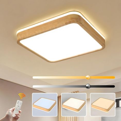 Plafonnier LED en bois  Ø 40 cm, 3000-6000 K  Lampe carrée en bois naturel avec éclairage à 360° pour chambre, salon, chambre d'enfant et cuisine (gradation continue avec télécommande) [Classe énergét