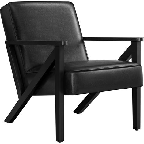 Homevive Sillón de Piel Sintética para Salón Sillón Relax con Resplado Pata Madera Sillón para Sala de Estar Oficina Recepción Negro