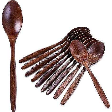 Cuillères en bois, ensemble de 10 cuillères à soupe en bois, cuillères de table en bois naturel à long manche pour manger et mélanger (1/4)