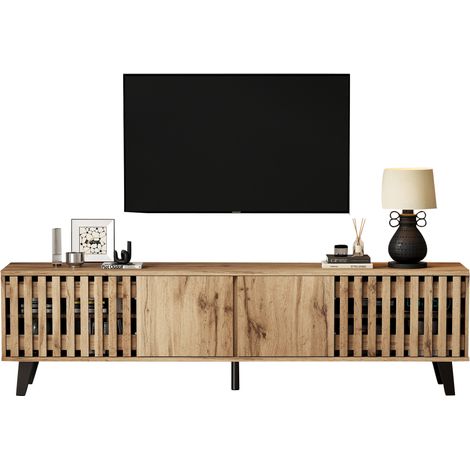 Meuble TV bas 180 x 40 x 55 cm en bois clair, 8 niches, 4 portes, pour TV 70 pouces, structure stable à 5 pieds, salon moderne - CHICFURN (1/5)
