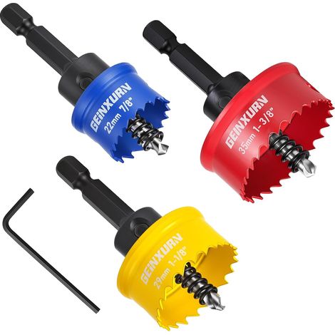 Lot de 3 scies cloches, 22 mm, 29 mm, 35 mm HSS bi-métal, pour aluminium, bois, fonte, laiton, plâtre, bleu, jaune, rouge (1/5)