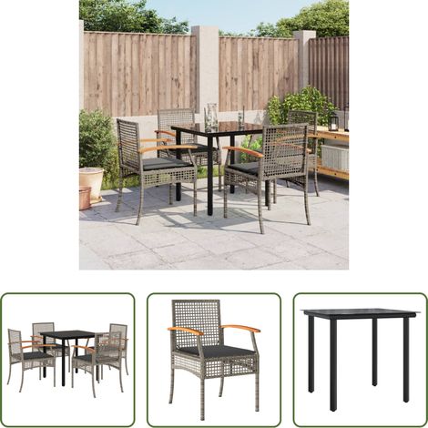 Gartentisch - 5-tlg. Garten-Essgruppe mit Kissen Grau Poly Rattan (1/5)