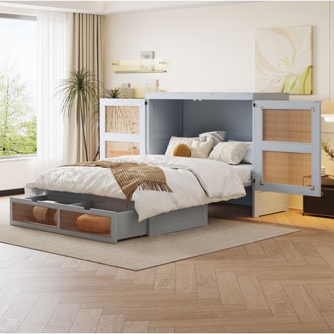 Lit coffre 140x200 avec tiroirs, design rotin gris HAVRYA (1/5)